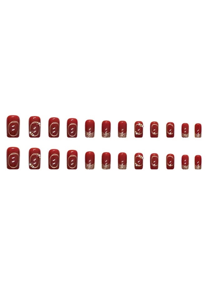 24Pcs Red Press‑on Nails, Medium Square False Nails, Glossy Wine Red Fake Nails with Gold Glitter & 3D Pearl Rhinestone Decor, Reusable Glue‑On Nail Art for Women Girls Party - Image 3