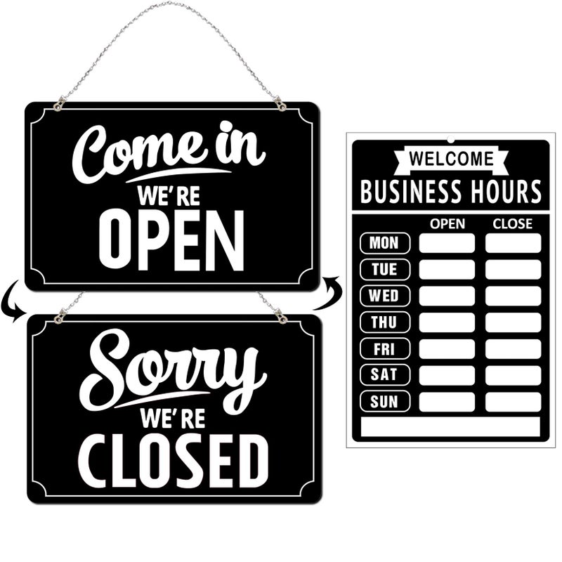 SnailGo Open Closed Signs Business Hours Sign Set for Window Door Open Signs for Business Hour Closed Open Flip Sign Store Resturant Bar Black - Image 1