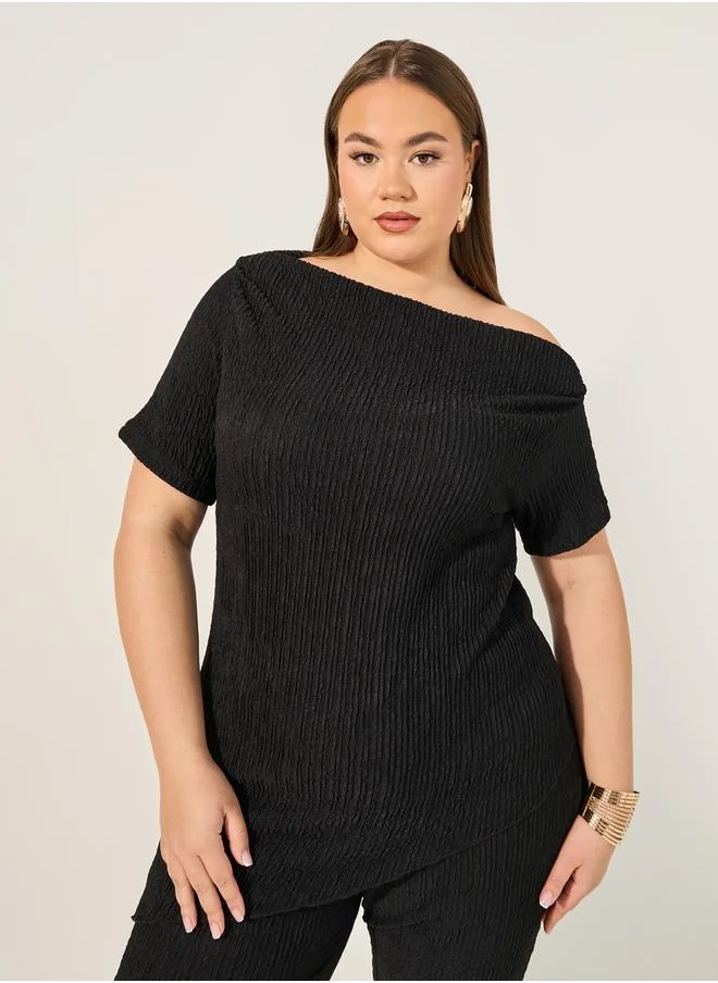 Styli Plus Size Textured Asymmetric Neck Top