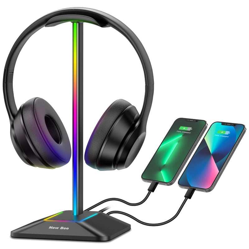 New bee RGB Headphone Stand with 1 USB-C Charging Port and 1 USB Charging Port, Desk Gaming Headset Stand with 7 Light Modes for All Earphone Accessories (Black) - Image 1