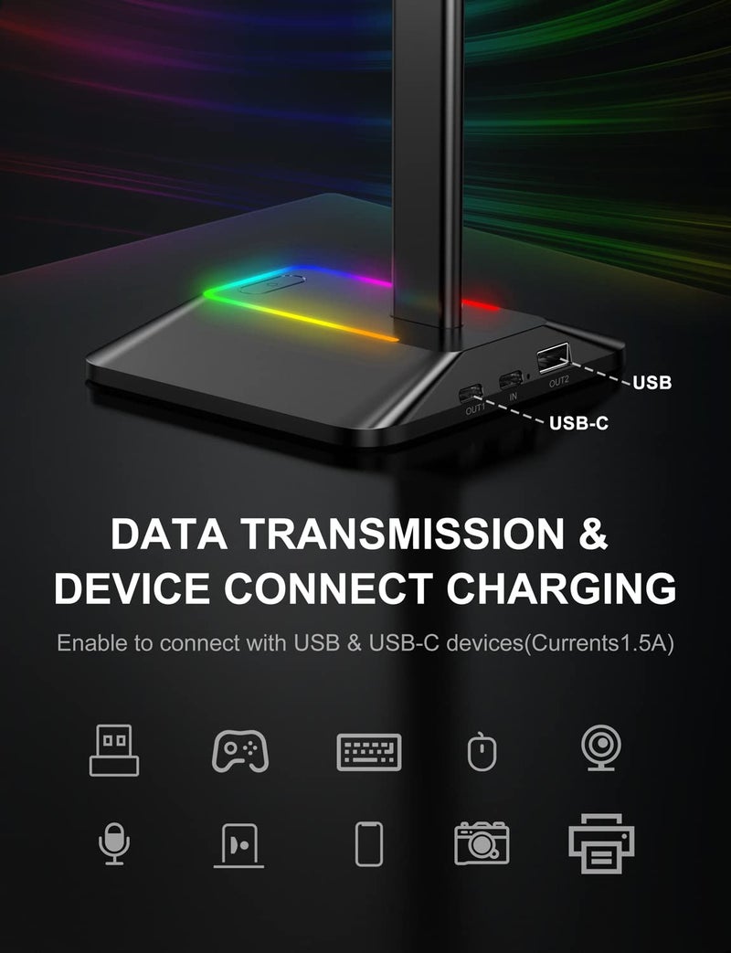 New bee RGB Headphone Stand with 1 USB-C Charging Port and 1 USB Charging Port, Desk Gaming Headset Stand with 7 Light Modes for All Earphone Accessories (Black) - Image 3