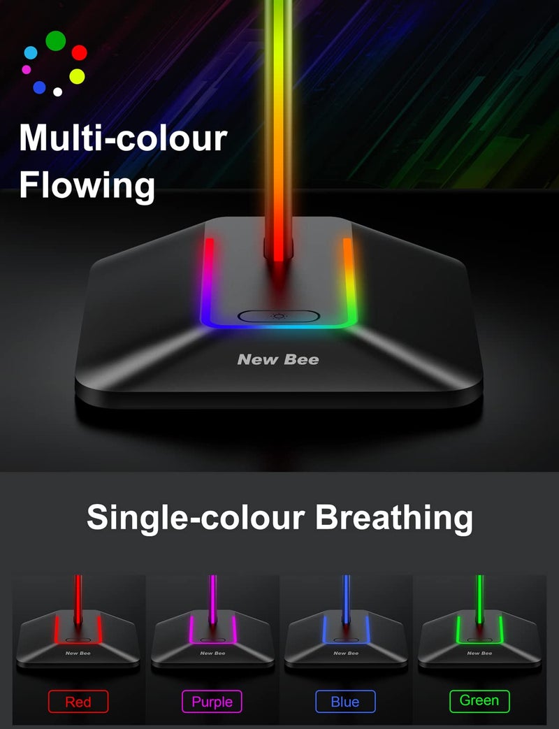 New bee RGB Headphone Stand with 1 USB-C Charging Port and 1 USB Charging Port, Desk Gaming Headset Stand with 7 Light Modes for All Earphone Accessories (Black) - Image 2