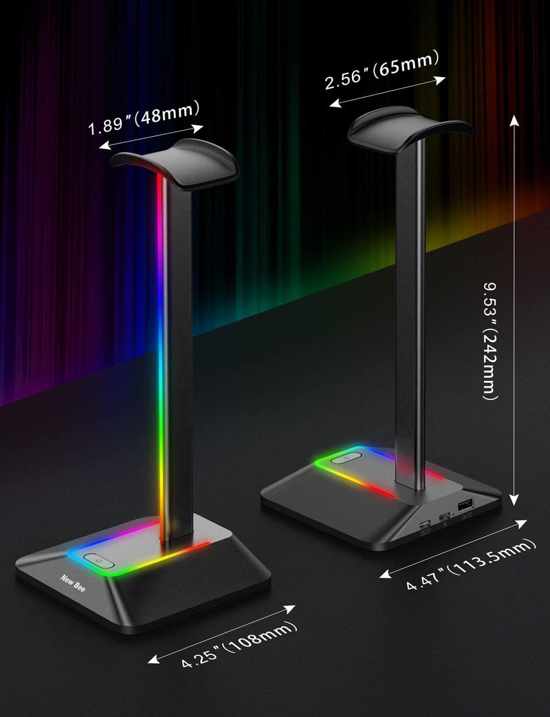 New bee RGB Headphone Stand with 1 USB-C Charging Port and 1 USB Charging Port, Desk Gaming Headset Stand with 7 Light Modes for All Earphone Accessories (Black) - Image 5