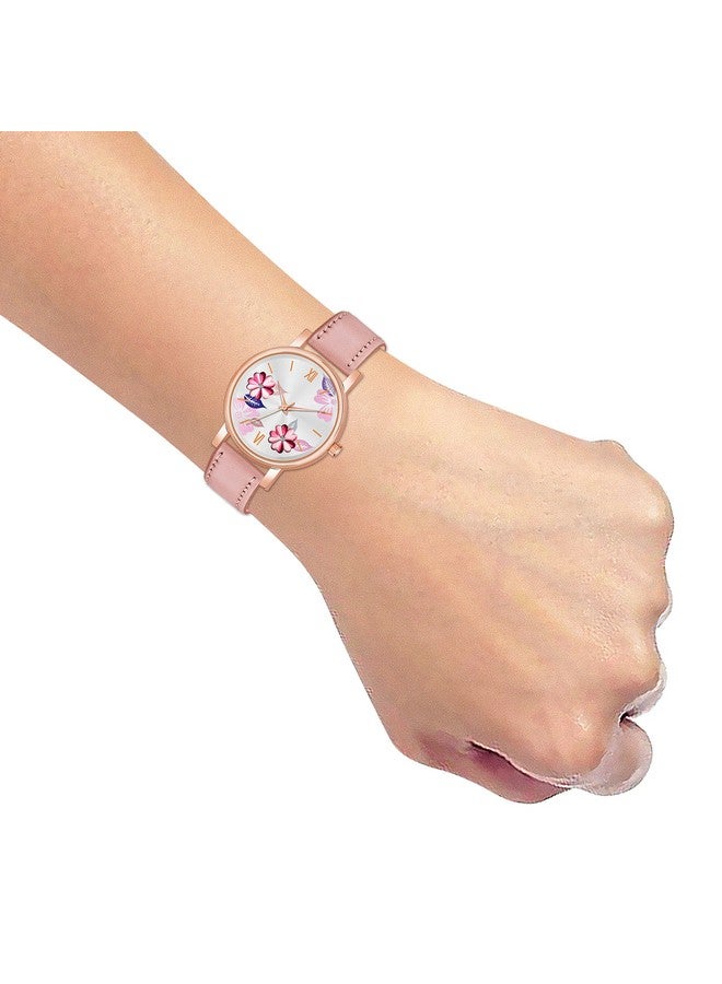The Shopoholic Analog Flowered Dial Peach Colour Leather Strap Watch for Womens and Girls - Image 5