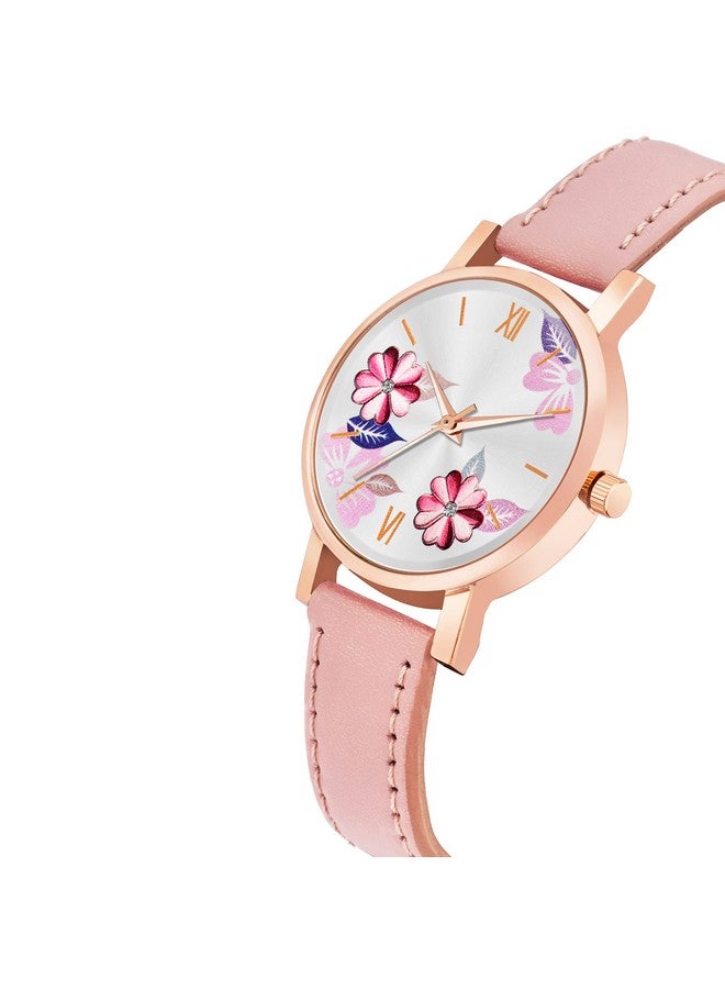 The Shopoholic Analog Flowered Dial Peach Colour Leather Strap Watch for Womens and Girls - Image 3