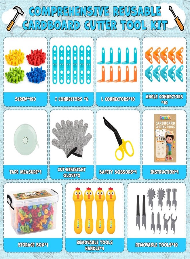 Luucio 196 PCS Cardboard Cutter for Kids, Reusable Safe Cardboard Tools for Kids with Box, Gloves, Screws, Connectors, Screwdrivers, Saws, Educational Toys for 5 6 7 8 Year Old, Birthday Gift for Boys Girls - Image 2