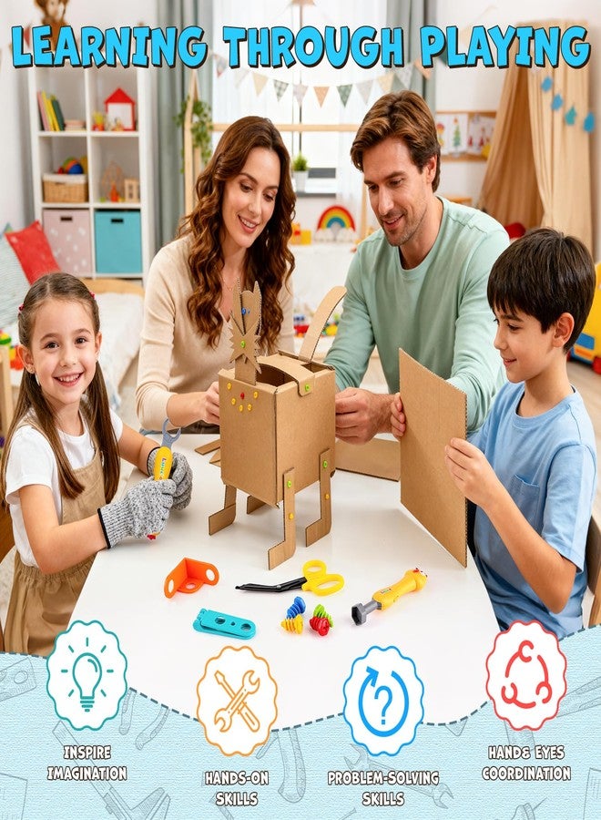 Luucio 196 PCS Cardboard Cutter for Kids, Reusable Safe Cardboard Tools for Kids with Box, Gloves, Screws, Connectors, Screwdrivers, Saws, Educational Toys for 5 6 7 8 Year Old, Birthday Gift for Boys Girls - Image 3