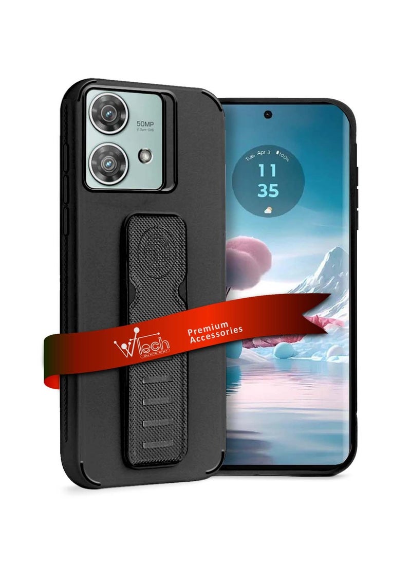 Wtech Motorola Edge 40 Neo 5G 2023 Hand Grip Foldable Magnetic Kickstand Wrist Strap Finger Grip Drop Resistance With Built-In Iron Case Cover - Black - Image 1