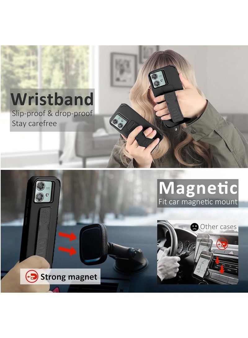 Wtech Motorola Edge 40 Neo 5G 2023 Hand Grip Foldable Magnetic Kickstand Wrist Strap Finger Grip Drop Resistance With Built-In Iron Case Cover - Black - Image 5