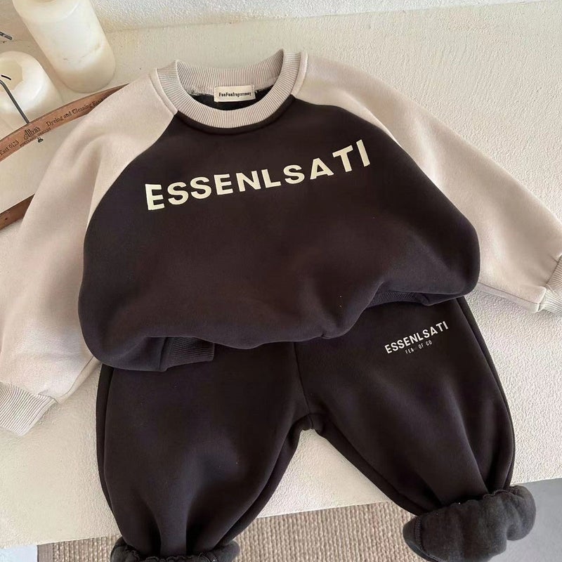 Toddler Fleece-Lined Sweatshirt Set Autumn Winter Thickened Letter Print Kids Outfit Dark gray 