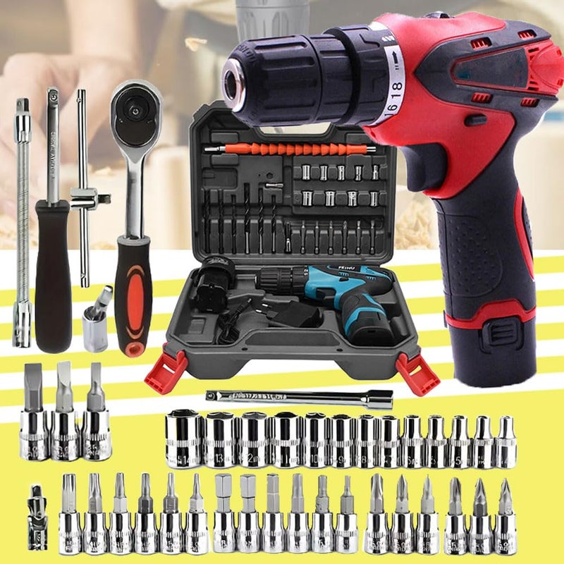 Galaxe Power Drills kit 12v portable electric cordless 12v cordless dril Lithium Battery drill machine with Hand Tool Kit Socket Set GLX12V46SS4 74pcs tool kit - Image 1