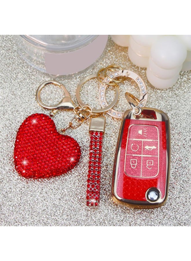YIKECASE Key Fob Cover with Diamond Keychain for Women, Car Key Holder Compatible with Chevy Cruze Camaro Malibu Equinox Impala GMC Buick Encore Regal Flip Folding Protector, 5 Buttons (Red-Heart) - Image 4