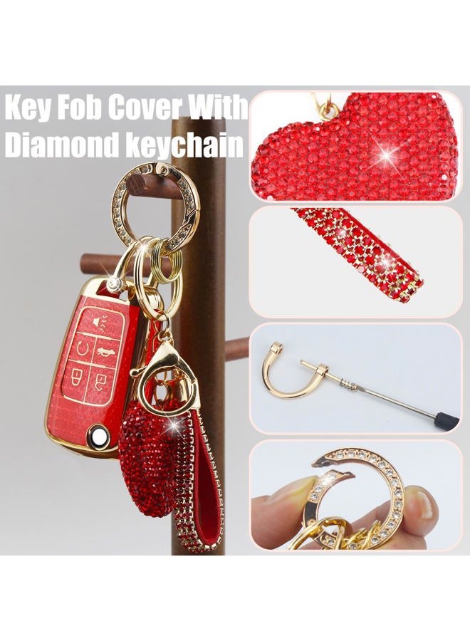 YIKECASE Key Fob Cover with Diamond Keychain for Women, Car Key Holder Compatible with Chevy Cruze Camaro Malibu Equinox Impala GMC Buick Encore Regal Flip Folding Protector, 5 Buttons (Red-Heart) - Image 3