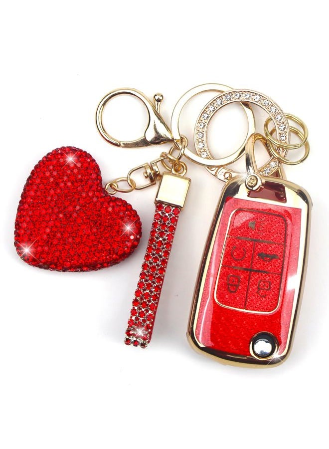 YIKECASE Key Fob Cover with Diamond Keychain for Women, Car Key Holder Compatible with Chevy Cruze Camaro Malibu Equinox Impala GMC Buick Encore Regal Flip Folding Protector, 5 Buttons (Red-Heart) - Image 1