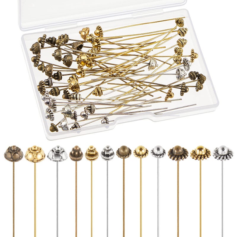 Mtlee 60 Pieces Head Pins for Jewelry Making Flower Beads Ball Pins 2.1 Inch with Clear Box for Jewelry Making Earring Bracelet DIY Accessories, Silver, 3 Colors(Classic Style) - Image 1