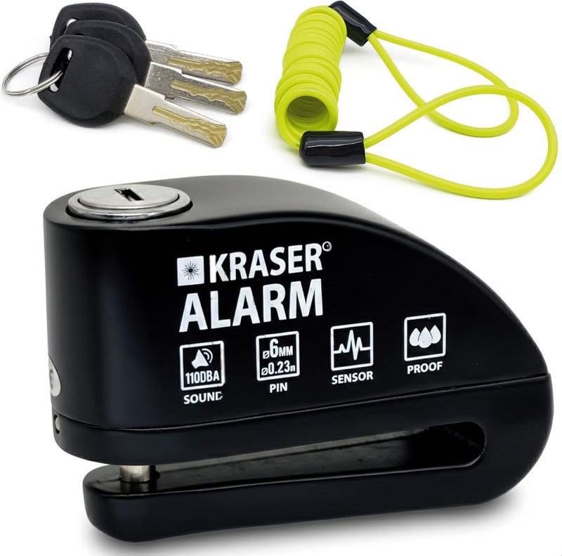 KRASER 6Y Motorbike Anti-Theft Alarm Disc Padlock Certification, Reminder Cable + Transport Bag, Warning Lock Security Universal Motorcycle Scooter Bike Electric Bicycle, 110dB Waterproof, Striking - Image 1