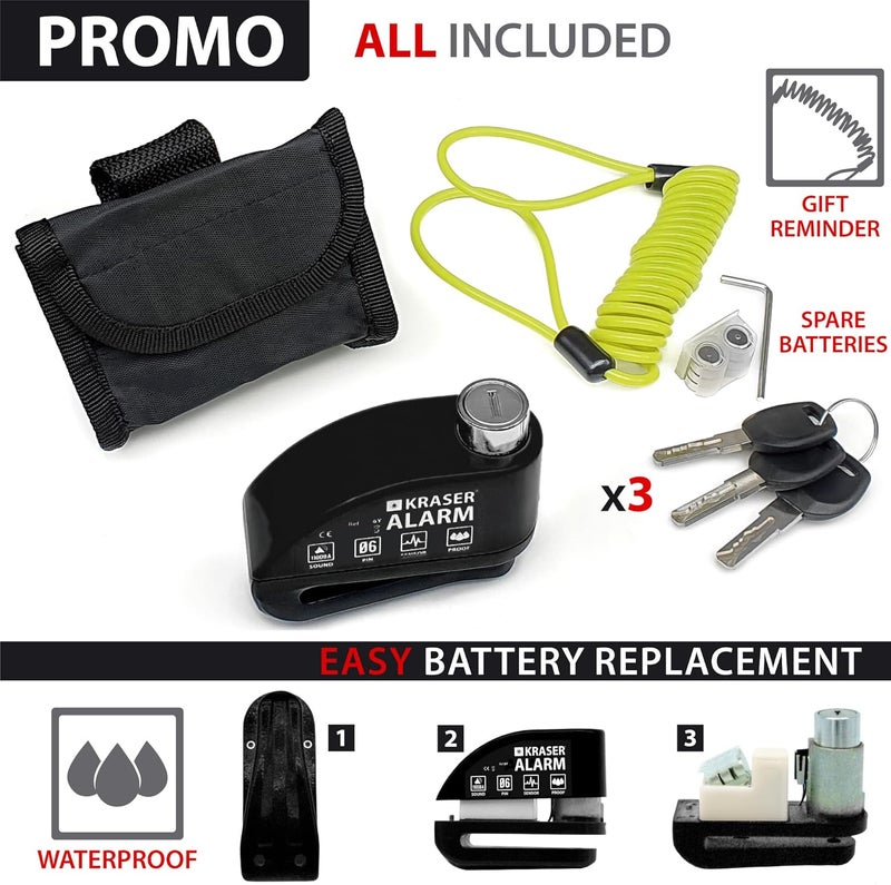 KRASER 6Y Motorbike Anti-Theft Alarm Disc Padlock Certification, Reminder Cable + Transport Bag, Warning Lock Security Universal Motorcycle Scooter Bike Electric Bicycle, 110dB Waterproof, Striking - Image 5