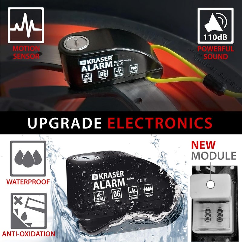 KRASER 6Y Motorbike Anti-Theft Alarm Disc Padlock Certification, Reminder Cable + Transport Bag, Warning Lock Security Universal Motorcycle Scooter Bike Electric Bicycle, 110dB Waterproof, Striking - Image 3