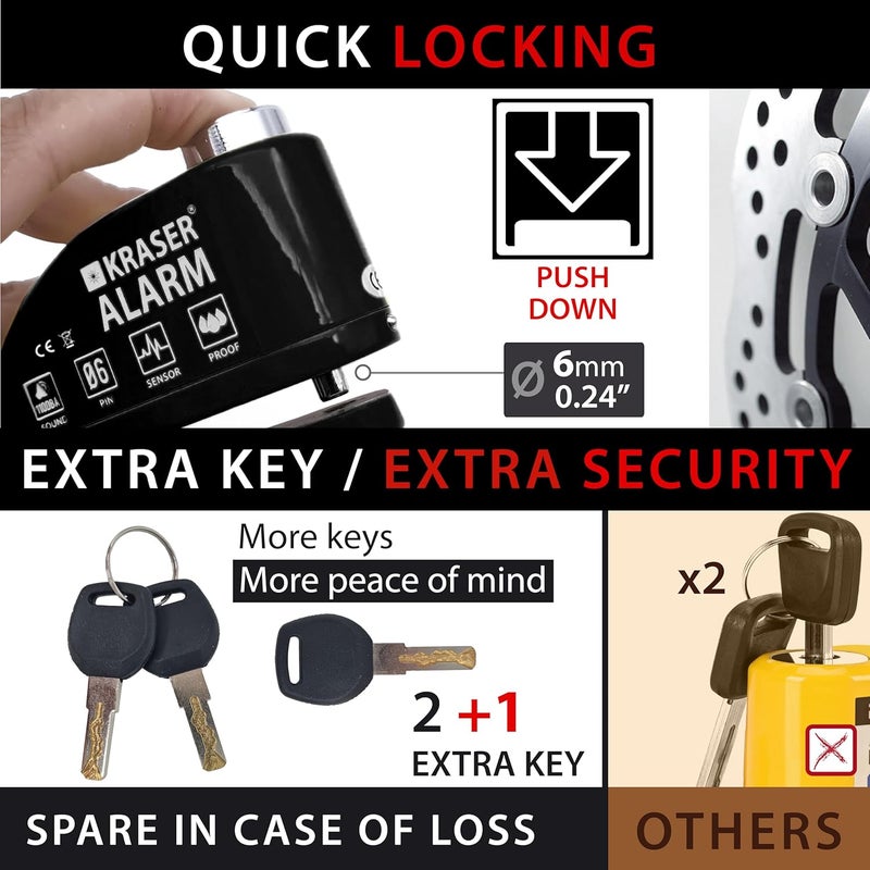 KRASER 6Y Motorbike Anti-Theft Alarm Disc Padlock Certification, Reminder Cable + Transport Bag, Warning Lock Security Universal Motorcycle Scooter Bike Electric Bicycle, 110dB Waterproof, Striking - Image 4