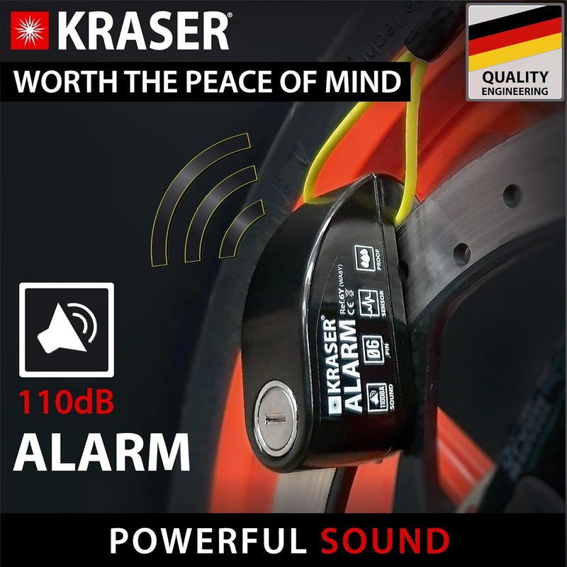 KRASER 6Y Motorbike Anti-Theft Alarm Disc Padlock Certification, Reminder Cable + Transport Bag, Warning Lock Security Universal Motorcycle Scooter Bike Electric Bicycle, 110dB Waterproof, Striking - Image 2