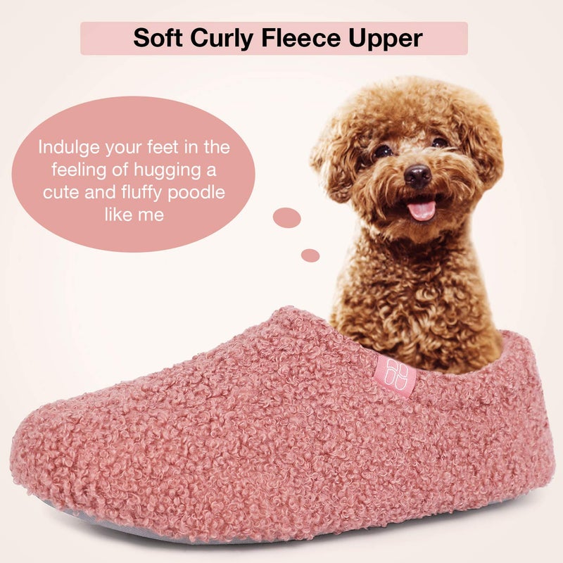 HomeTop Women's Fuzzy Curly Fur Memory Foam Loafer Slippers Bedroom House Shoes with Polar Fleece Lining (7-8, Pink) - Image 3
