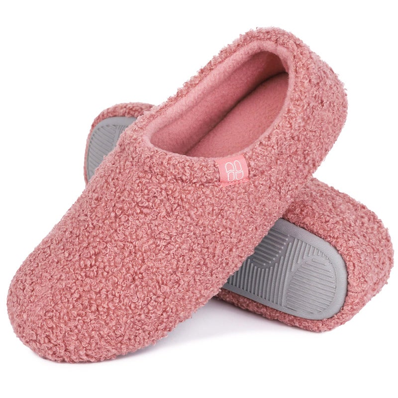 HomeTop Women's Fuzzy Curly Fur Memory Foam Loafer Slippers Bedroom House Shoes with Polar Fleece Lining (7-8, Pink) - Image 1