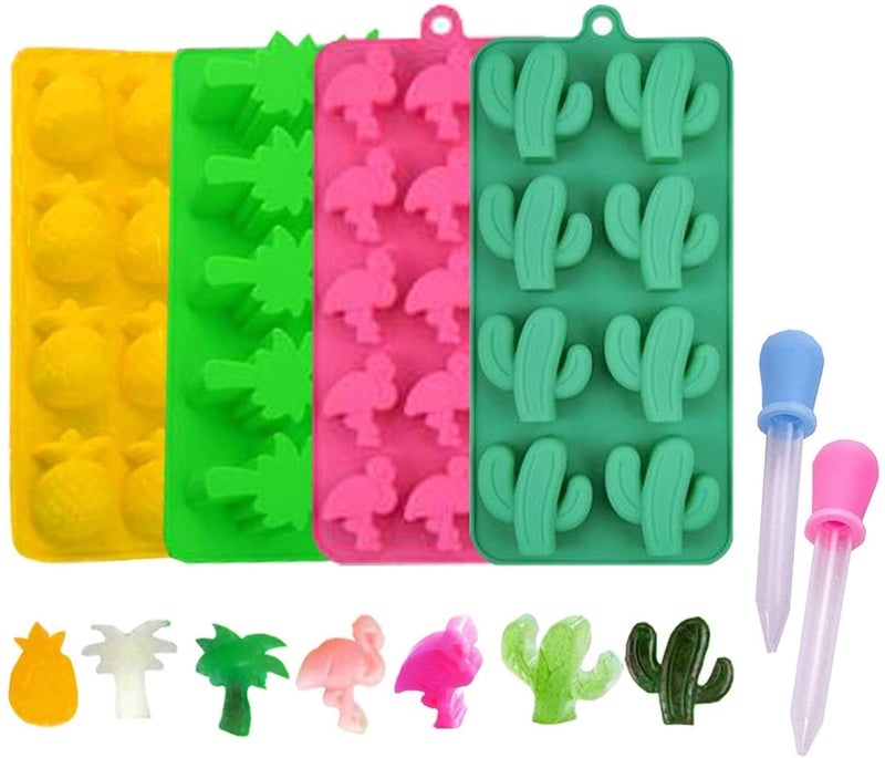 KRLIFCSL Candy Molds Ice Cube Trays Chocolate Molds, Silicone Molds Including Cactus, Flamingo, Coconut Tree & Pineapple for Making Ice, Jelly, Chocolate, Soap, Pack of 4 with 2 Droppers. (Multicolor) - Image 1