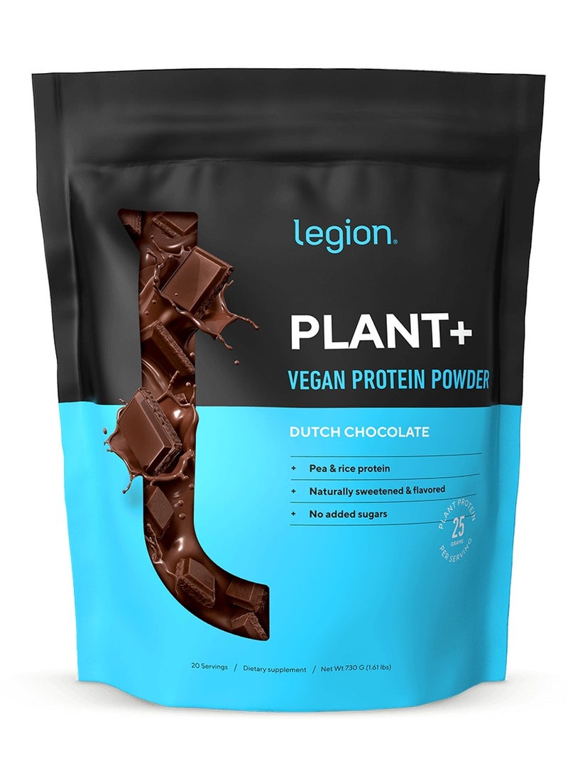 Legion Athletics - Plant+ Vegan Protein Powder, Pea and Rice Protein, Naturally Sweetened & Flavored, No Added Sugars, 24 grams Per Serving, 730 g,(1.61 Lbs ) 20 Servings - Dutch Chocolate - Image 1