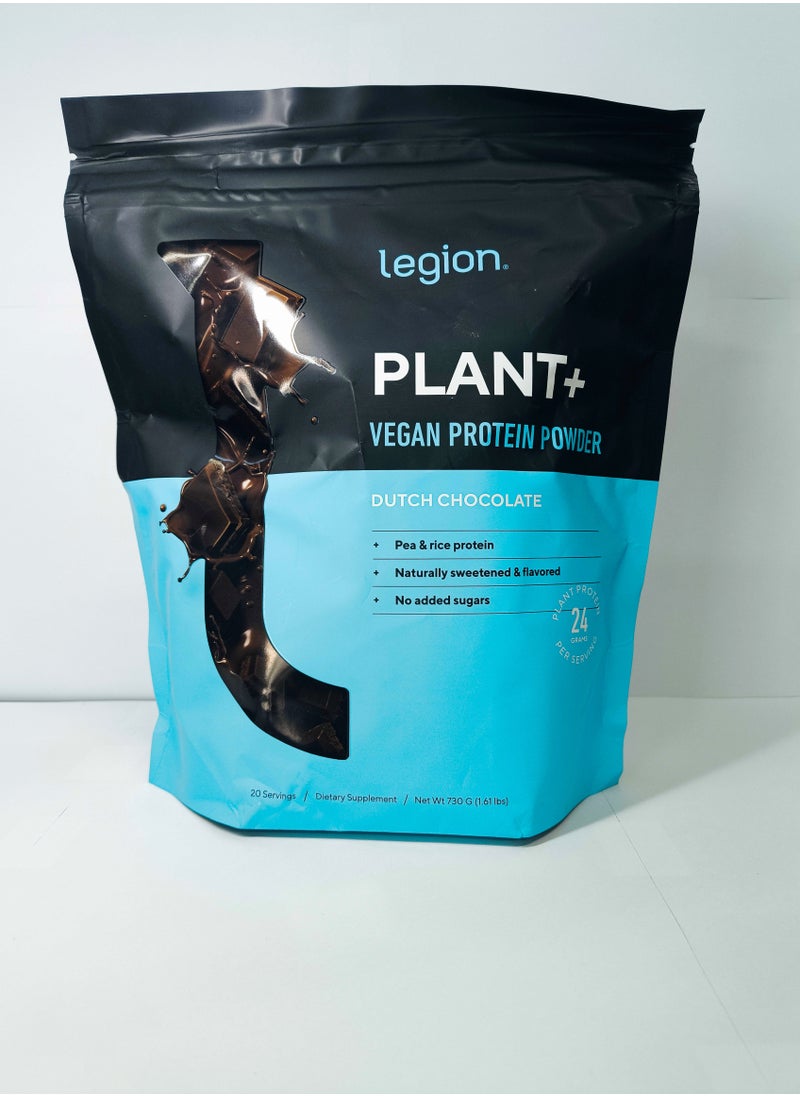 Legion Athletics - Plant+ Vegan Protein Powder, Pea and Rice Protein, Naturally Sweetened & Flavored, No Added Sugars, 24 grams Per Serving, 730 g,(1.61 Lbs ) 20 Servings - Dutch Chocolate - Image 1