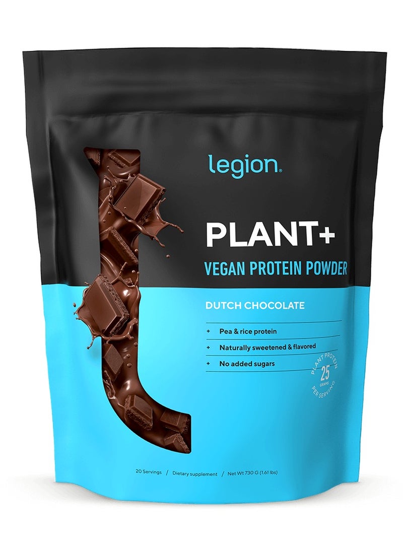 Legion Athletics Plant+ Vegan Protein Powder, Pea and Rice Protein, Naturally Sweetened & Flavored, No Added Sugars, 24 grams Per Serving, 730 g,(1.61 Lbs ) 20 Servings - Dutch Chocolate - Image 1