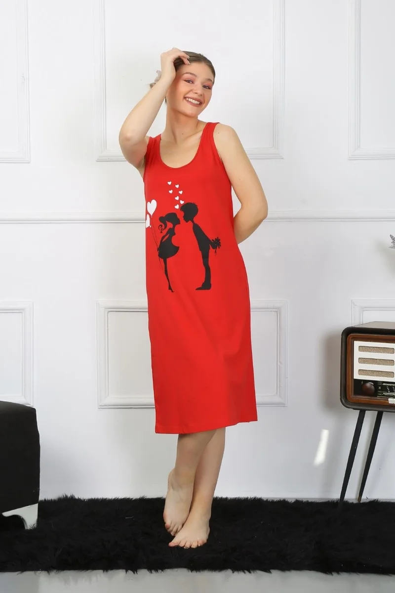 اكبينيز Women's Thick Strap Combed Cotton Long Red Nightgown 12001