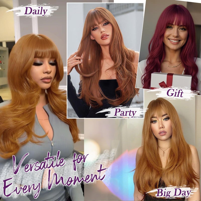BARSDAR Auburn Layered Wig with Bangs - 20 Inch Auburn Layered Bangs Wig for Women - Natural Looking Thick Soft Wavy Synthetic Red Head Wigs Straight Layers Haircut with Fringe Daily Party Halloween - Image 5