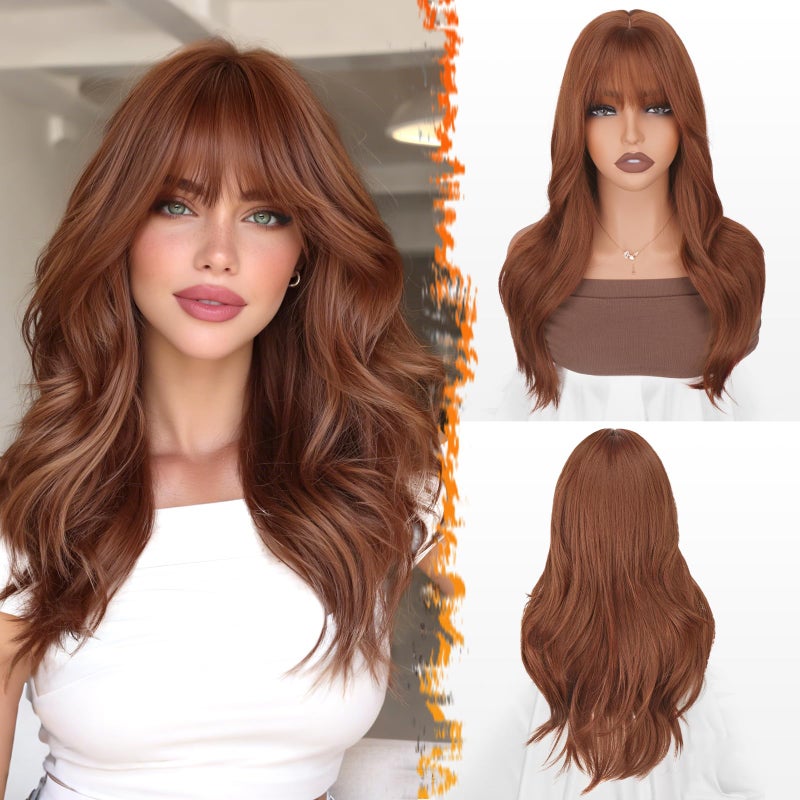 BARSDAR Auburn Layered Wig with Bangs - 20 Inch Auburn Layered Bangs Wig for Women - Natural Looking Thick Soft Wavy Synthetic Red Head Wigs Straight Layers Haircut with Fringe Daily Party Halloween - Image 1