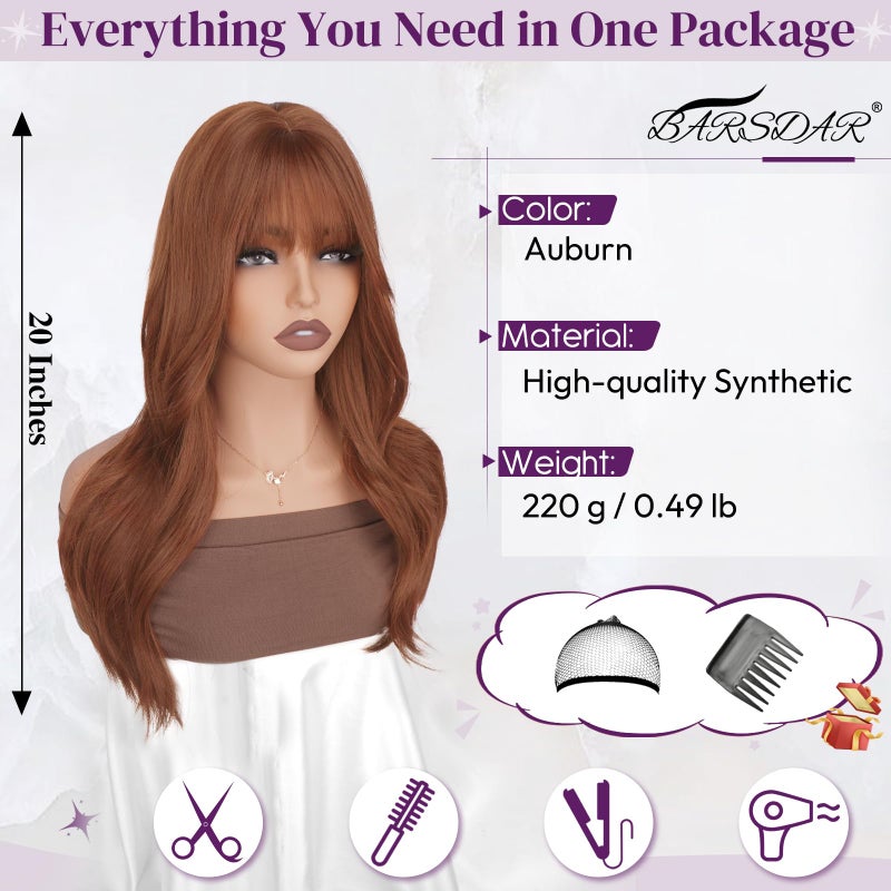 BARSDAR Auburn Layered Wig with Bangs - 20 Inch Auburn Layered Bangs Wig for Women - Natural Looking Thick Soft Wavy Synthetic Red Head Wigs Straight Layers Haircut with Fringe Daily Party Halloween - Image 2
