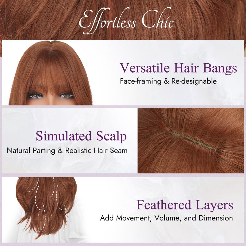BARSDAR Auburn Layered Wig with Bangs - 20 Inch Auburn Layered Bangs Wig for Women - Natural Looking Thick Soft Wavy Synthetic Red Head Wigs Straight Layers Haircut with Fringe Daily Party Halloween - Image 3