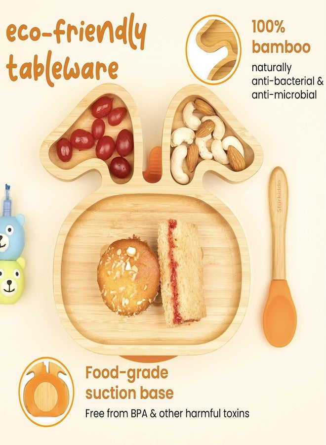StarKiddo® Bamboo Bunny Suction Plate with Feeding Spoon | 3 Sections | Non-Toxic | Super Strong Suction Cup| Eco-Friendly | Ideal for Baby-Led Weaning & Toddler Self-Feeding | BPA Free (Orange) - Image 3