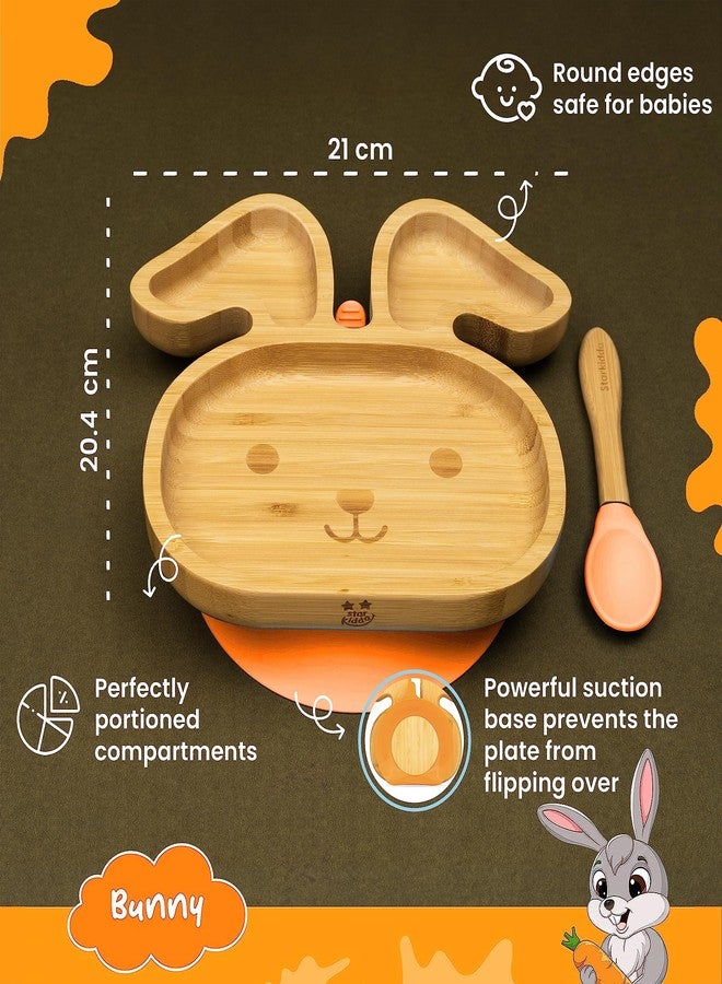 StarKiddo® Bamboo Bunny Suction Plate with Feeding Spoon | 3 Sections | Non-Toxic | Super Strong Suction Cup| Eco-Friendly | Ideal for Baby-Led Weaning & Toddler Self-Feeding | BPA Free (Orange) - Image 2