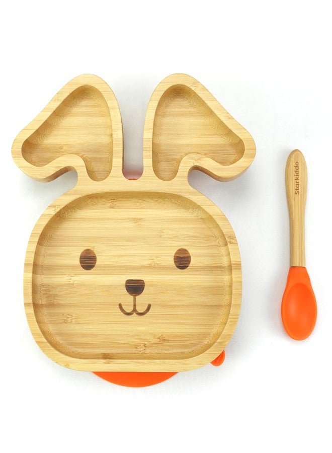 StarKiddo® Bamboo Bunny Suction Plate with Feeding Spoon | 3 Sections | Non-Toxic | Super Strong Suction Cup| Eco-Friendly | Ideal for Baby-Led Weaning & Toddler Self-Feeding | BPA Free (Orange) - Image 1