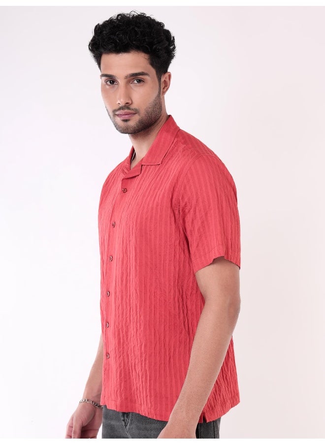 Beyoung Carrot Red Striped Casual Shirt for Men  - Image 1