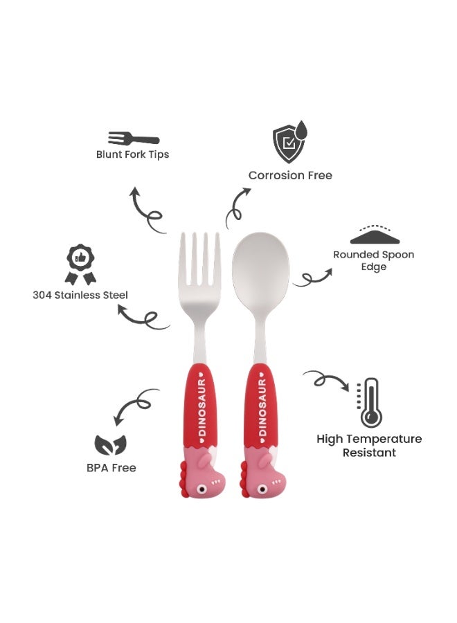 CRAVISTA Dinosaur Cutlery Set for Kids Lunch Box| 18/10 Stainless Steel Spoon and Fork with BPA Free Handles | Children Tableware Flatware Set for Toddlers, Boys and Girls (Pink) - Image 2
