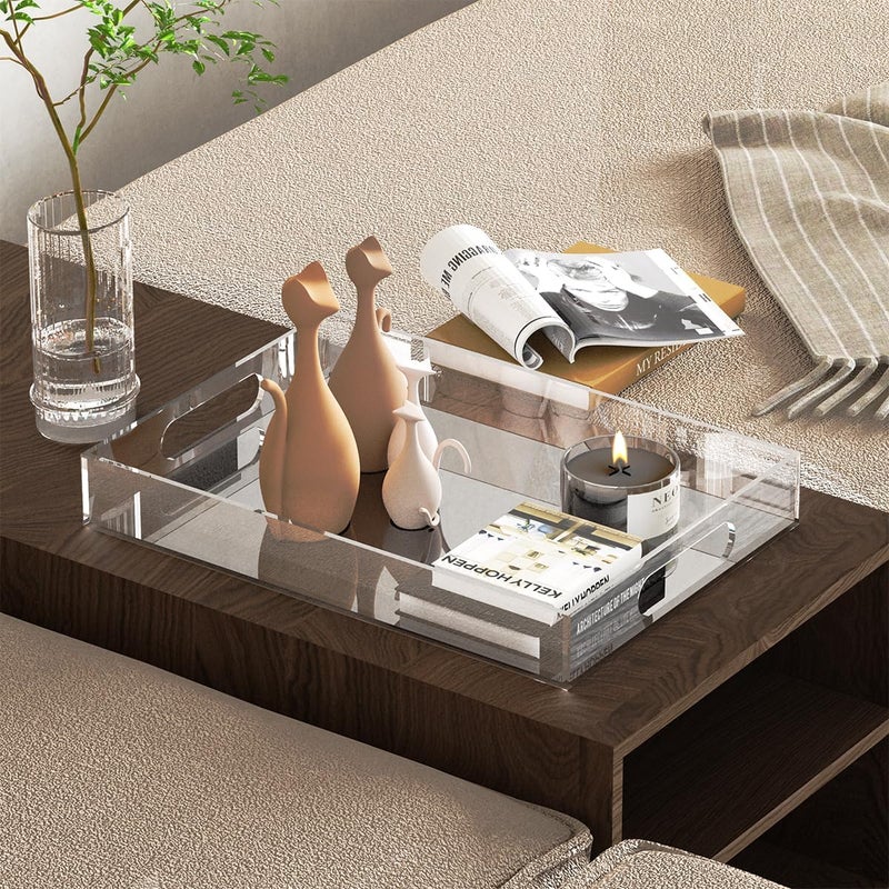 Jusmoo 2 Pack Acrylic Serving Tray with Handles-17x12Inch-Clear Decorative Tray for Appetizer,Breakfast-Cuounter Organizer Tray for Ottoman Coffee Tray - Image 2