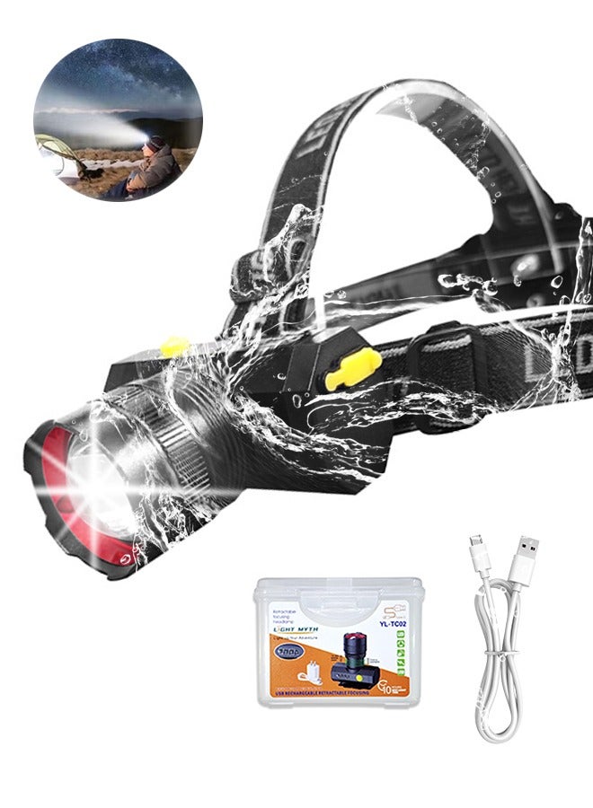 Generic LED Headlamp Rechargeable Headlight 90° Rotating Zoom Head Flashligh High Lumens Built-In Battery 3 Modes Emergency Lamp Camping Accessory  for Fishing, Camping, Hiking Working  - Image 1