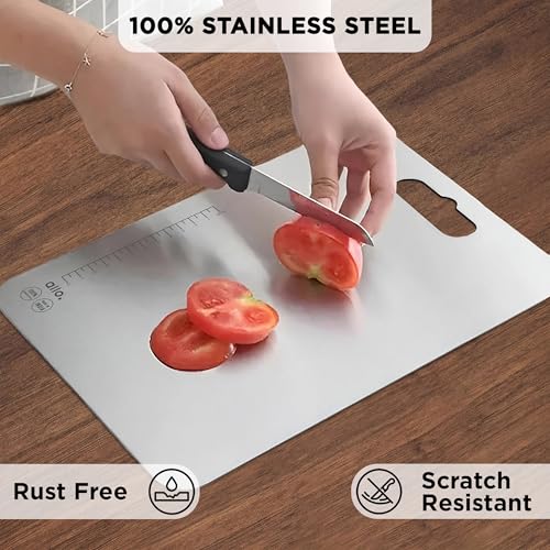 Allo Premium Stainless Steel Chopping Board with Handle (31 x 21 cm) - Large Heavy-Duty Metal Cutting Board for Kitchen, Knife Friendly | Vegetable & Fruit Cutter SS Pad - Image 2