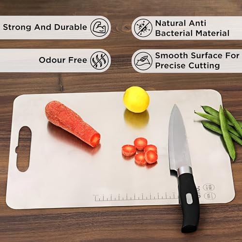 Allo Premium Stainless Steel Chopping Board with Handle (31 x 21 cm) - Large Heavy-Duty Metal Cutting Board for Kitchen, Knife Friendly | Vegetable & Fruit Cutter SS Pad - Image 3