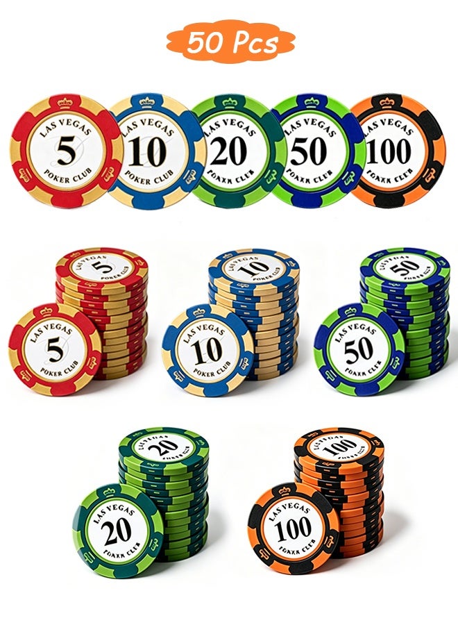 GD 50 Pcs Game Plastic Poker Chips Set with Number Markings - Portable Poker Chips Casino-Themed Accessories with Storage Box for Family Game Night, Card Games, Mahjong & Strategy Entertainment - Image 1
