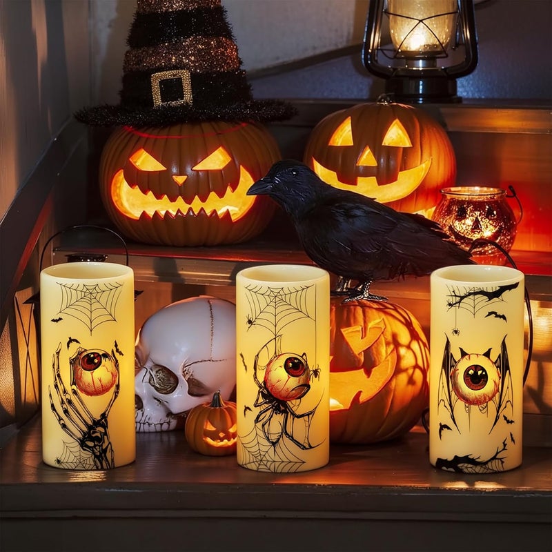 Eldnacele Halloween Flameless Flickering Candles with Timer, Battery Operated Spider Eyeballs, Bat Eyeballs, Skeleton Hand Eyeballs Decals Real Wax LED Pillar Candles Horror Spooky Decor(3pcs,D3×H6) - Image 3