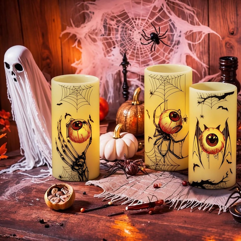 Eldnacele Halloween Flameless Flickering Candles with Timer, Battery Operated Spider Eyeballs, Bat Eyeballs, Skeleton Hand Eyeballs Decals Real Wax LED Pillar Candles Horror Spooky Decor(3pcs,D3×H6) - Image 4