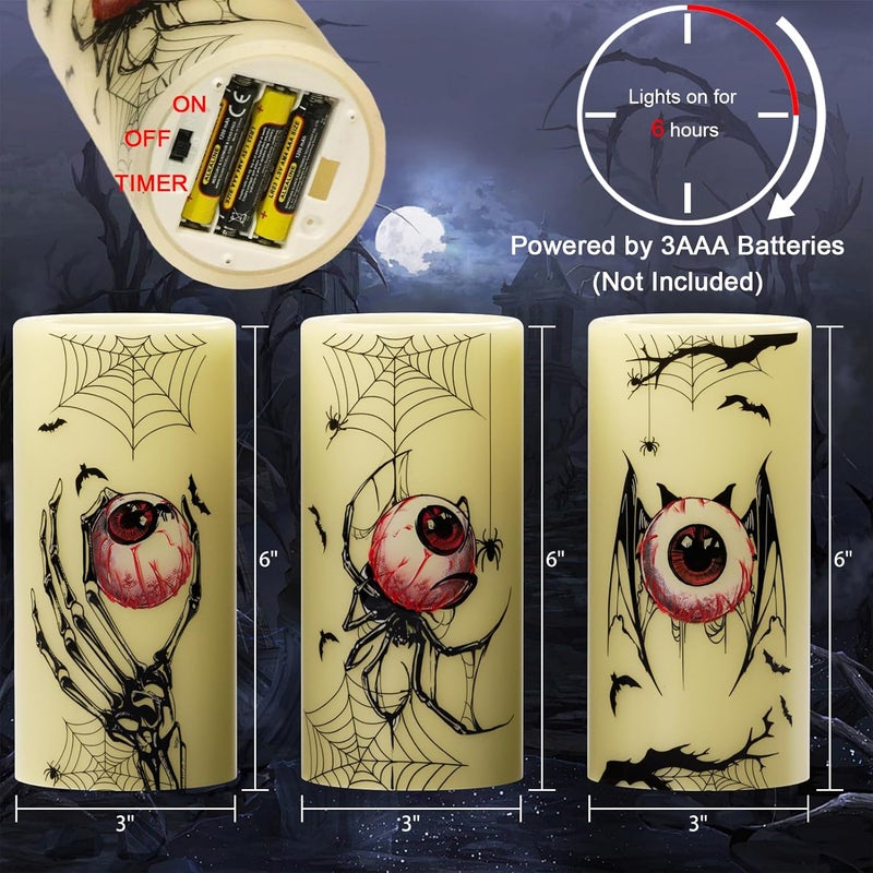 Eldnacele Halloween Flameless Flickering Candles with Timer, Battery Operated Spider Eyeballs, Bat Eyeballs, Skeleton Hand Eyeballs Decals Real Wax LED Pillar Candles Horror Spooky Decor(3pcs,D3×H6) - Image 2