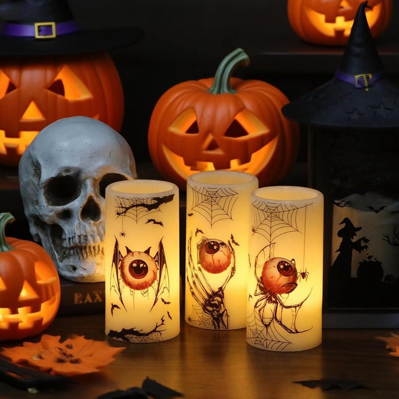 Eldnacele Halloween Flameless Flickering Candles with Timer, Battery Operated Spider Eyeballs, Bat Eyeballs, Skeleton Hand Eyeballs Decals Real Wax LED Pillar Candles Horror Spooky Decor(3pcs,D3×H6) - Image 5