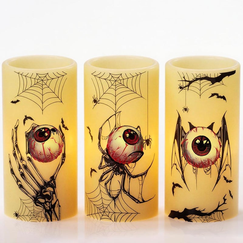 Eldnacele Halloween Flameless Flickering Candles with Timer, Battery Operated Spider Eyeballs, Bat Eyeballs, Skeleton Hand Eyeballs Decals Real Wax LED Pillar Candles Horror Spooky Decor(3pcs,D3×H6) - Image 1
